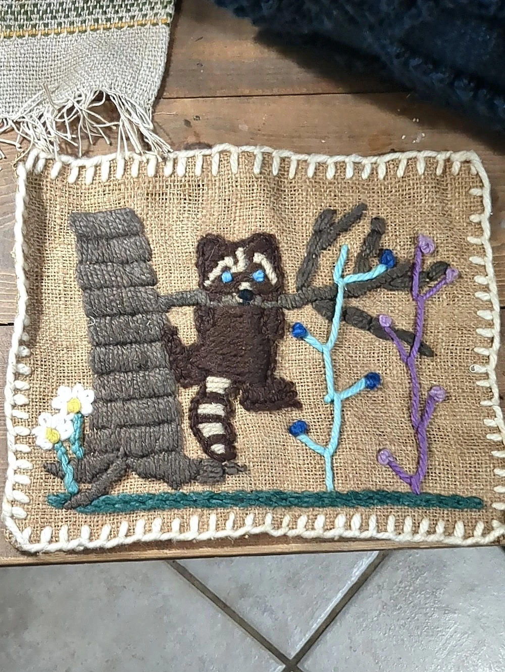 Cute!! Vintage Punch Needle Racoon Brown & Beige Textile